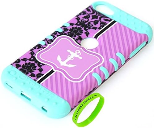 Cellphone Trendz 3-piece Impact Hybrid Combo Hard Case Cover For iPod Touch 5th Generation - Chevron Anchor Design Hard Case (Purple Damask Anchor on Mint Blue Silicone)