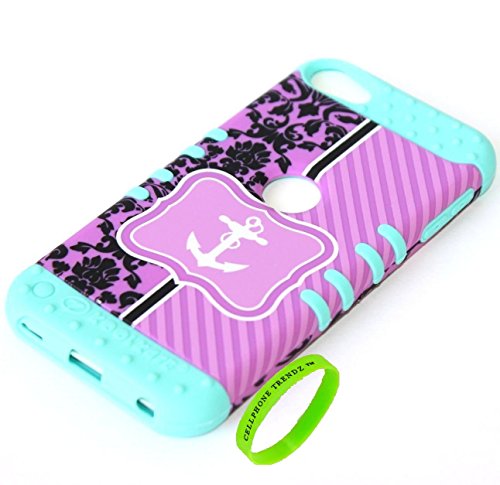Cellphone Trendz 3-piece Impact Hybrid Combo Hard Case Cover For iPod Touch 5th Generation - Chevron Anchor Design Hard Case (Purple Damask Anchor on Mint Blue Silicone)