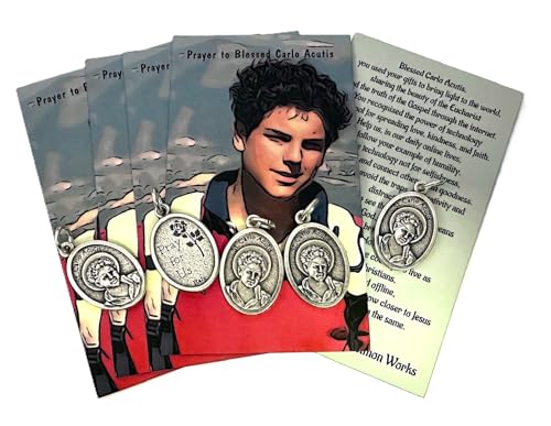 Westmon Works St Carlo Acutis Medal Set Italian Metal Pendants with Holy Cards, 5 of Each