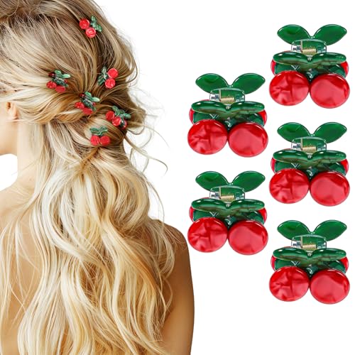 Cherry Clips 5 Pcs Non-Slip Cute Mini Cherry Hair Clips Stylish Fruit Hair Clip Accessories Acetate Hair Mini Claw Clips For Women Girls Kids Thin Thick Hair Headwear Gifts