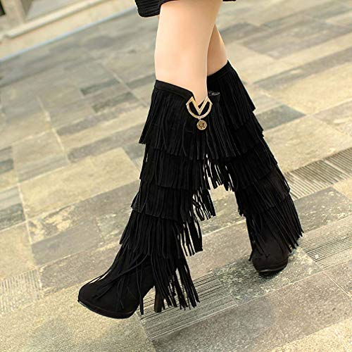 Bubumei Womens Fringe Tassel Stiletto Boots Faux Suede Moccasin High Heel Western Cowboy Knee High Boot3