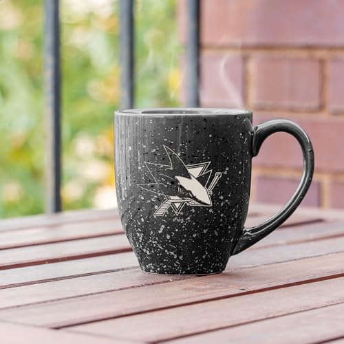 Image of Rico Industries NHL Hockey San Jose Sharks Black Personalized 16 oz Team Color Laser Engraved Speckled Ceramic Coffee Mug