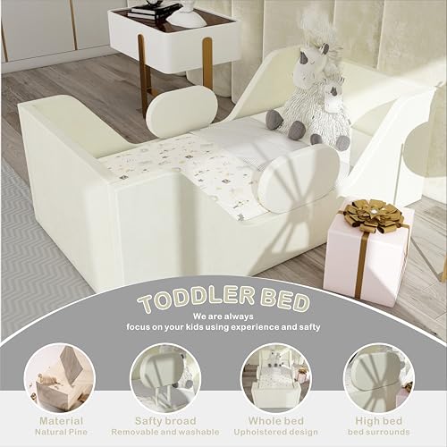 Image of weeonekids Toddler Bed, Child Bed for Kids with Extra Safty Broad, Standard Crib Size Toddler Bed, Certified Fabric Toddler Beds,Toddler Flood Bed (Light Khaki)