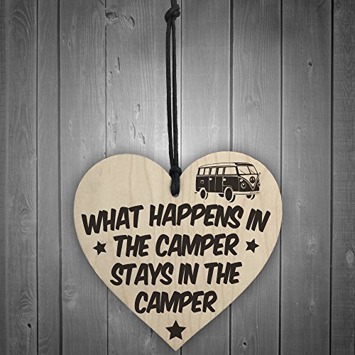 Red Ocean What Happens In The Camper Stays In The Camper Novelty Wooden Hanging Heart Shaped Plaque Van Sign