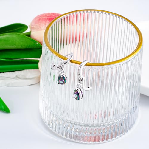 Hoop Earrings with Dangle Charm for Women Sterling Silver Small Mystic Rainbow Topaz Earrings CZ Quartz Teardrop Dangle Multicolor Pear Drop Huggie Earrings Gift for Wife Daughter Mother Birthday3