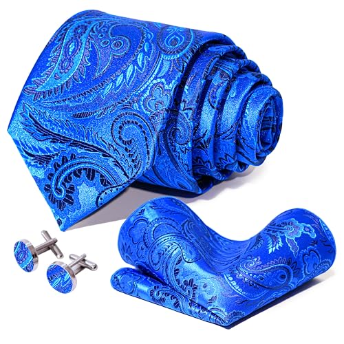 Image of 5PCS Mens Silk Tie, Pocket Square, Cufflinks, Drilled Tie Ring and Lapel Pin Set for Wedding Groom Party