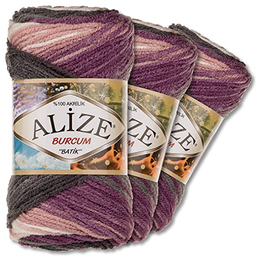 Alize Burcum Batik - 3 Ovillos De Lana De 100 G Cada Uno, 100 % Acrílico, Degradado De Color, 29 Colores, 5742