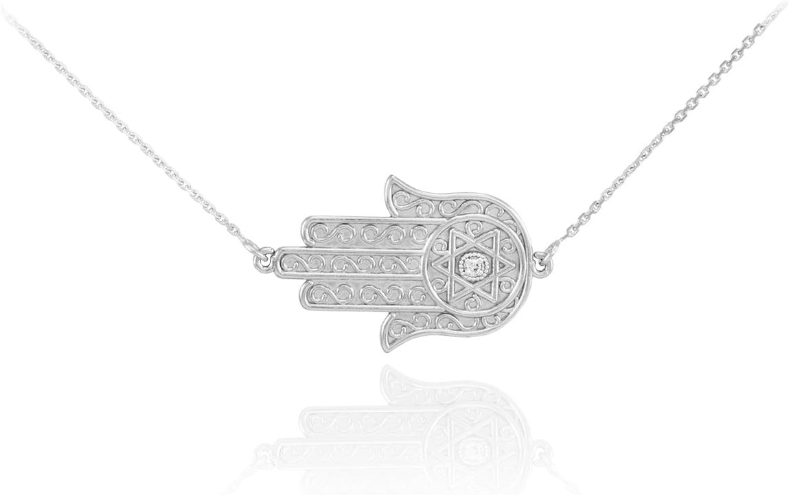 Gold Solitaire Diamond Accented Jewish Star of David Sideways Hamsa Protection Necklace (G-H Color, SI1-SI2 Clarity) | 14K Yellow, Rose, or White Gold | Choice of Chain Length