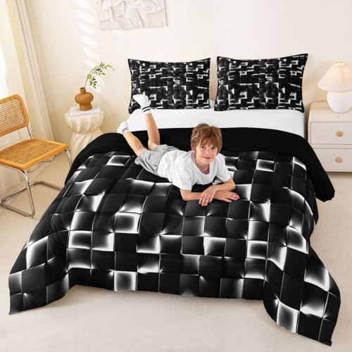 Image of Erosebridal Geometric Checkered Comforter Full Size Neon Black White Comforter Set for Kids Teen Men Gamer Room Decor,Abstract Ombre Plaid Bedding Set Grids Quilt Duvet