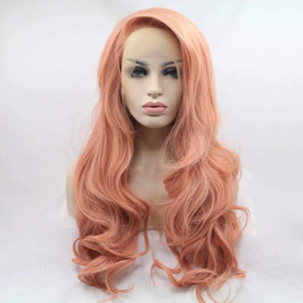 Perruque orange cheveux longs bouclés en fibre haute température avec lace front pour un volume naturel