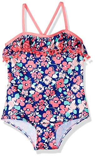 Pink Platinum Girls' Floral Pom One Piece Swimsuit, Navy, 24M