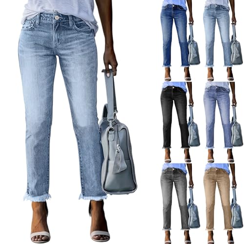Women Jean Capris High Waisted Raw Hem Denim Capris Summer Straight Leg Capri Pants Stretchy Cropped Jeans