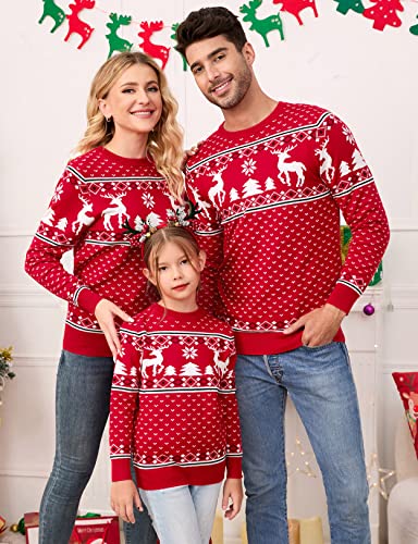 Image of MISSKY Family Christmas Sweater Crew Neck Reindeer Snowflakes Knitted Pullover for Women /Men /Kids
