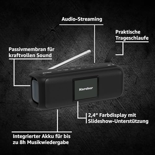 Karcher Dab Go - Altavoz portátil Bluetooth y Radio Digital Dab+ / FM con Pantalla a Color de 2,4 Pulgadas/Despertador/Sonido estéreo de 5 W/USB C/batería, Color Negro - imagen 6