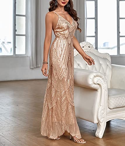 Alexqueen Women'S V Neck Spaghetti Straps Sequin Sparkly Glitter Irregular Hem Prom Dress Bcakless Maxi Evening Gowns S Beige thumb #5