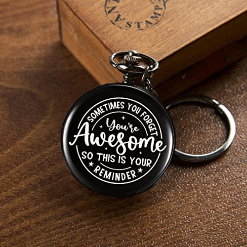 Image of Vintage Gandhi Style Pocket Watch with Engraved Designs & Messages Royal Black Analog for Men Women & Kids Includes Key Ring for car or Bike Keys Ideal Gift