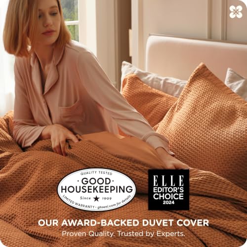 Image of Bedsure Cotton Duvet Cover Queen Size - 100% Cotton Waffle Weave Terracotta Duvet Cover Queen Size, PureWoven Breathable Bedding Set for All Season, 3 Pieces, 90 inchx90 inch