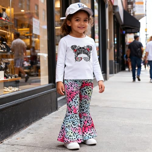 Image of KIDLAGA Toddler Girl Clothes Figure Graphic Drop Shoulder Top Pullover Leopard Print Flared Pants Fall Winter Outfit Set