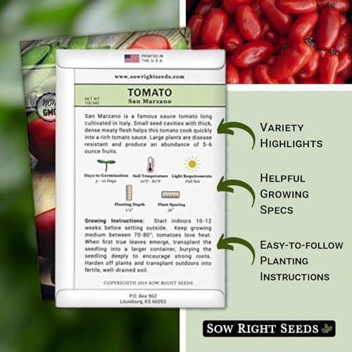 Sow Right Seeds - San Marzano Tomato Seeds for Planting - Non-GMO Heirloom Packet with Instructions to Plant a Home Vegetable Garden - Italian Classic Red Variety - Great for Sauce and Canning (1)