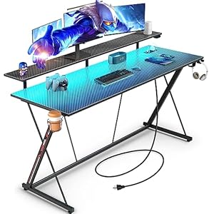 SEVEN WARRIOR Gaming Desk with LED Lights & Power Outlets, 55″ Computer Desk with Monitor Shelf, Home Office Desk with Cup Holder and Headphone Hook, Ergonomic, Carbon Fiber Surface Black