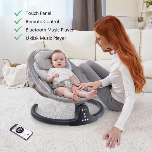 Image of Bluetooth Baby Swing Indoor & Outdoor Portable, 3 Seat Positions, 5 Speeds, 10 Lullabies, Remote, USB Power, Season Cushion