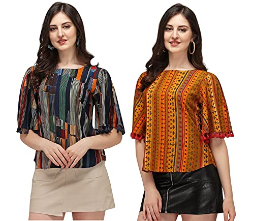 OM SAI LATEST CREATION Women Printed Slub Rayon Tops with Half Sleeves for Office Wear, Casual Wear, Top for Women/Girls Tops Pack of 2 Combo