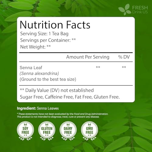 Image of FreshDrinkUS, Premium 135 Senna Leaf Tea Bags for Constipation, Supports Your Cardiovascular System, 100% Natural & Pure. Loose Leaf Senna Herbal Tea, Made with Natural Material Tea Bags. Non GMO, No Sugar / Caffeine / Gluten, Vegan.