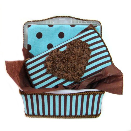 Blue And Brown Polka Dots And Stripes With Chiffon Heart 3 Piece Set baby basket