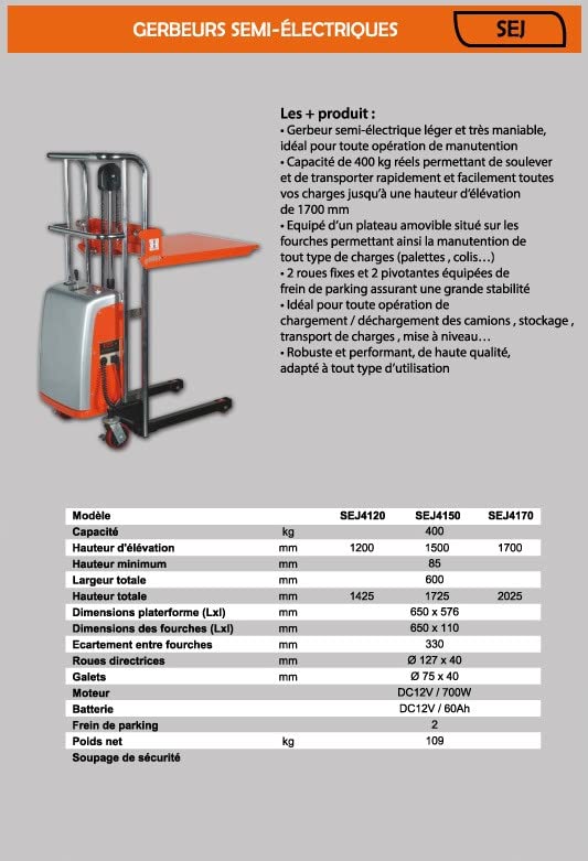 Gerbeur semi-électrique 400 KG levée 1500 mm