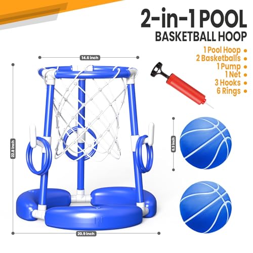 SpringFlower Pool Basketball Hoop, Summer Swimming Pool Floating Basketball Pool Toy, 2 in 1 Kids & Adults Summer Pool Outdoor Play with Ring Toss, 2 Pcs Balls,Pump, Blue