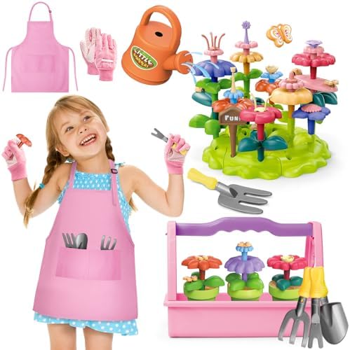 deAO Kids Gardening Set 14Pcs Gardening Tools Set with Storage Box& Apron - DIY Flower Garden Building Toys Set for Boys Girls Outdoor Learning Toys Educational Garden Gift for Toddlers(Pink)