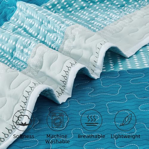 Image of Andency Teal White Quilt Queen(90x96Inch), 3 Pieces (1 Striped Quilt and 2 Pillowcases) Patchwork Bedspread Coverlet Set, Soft Lightweight Quilted Bedding Set