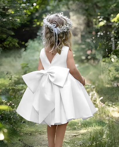 MCieloLuna V-Back Pearls Satin Flower Girl Dress Summer Mini Pageant Princess Wedding Guest First Communion Dress with Bow2