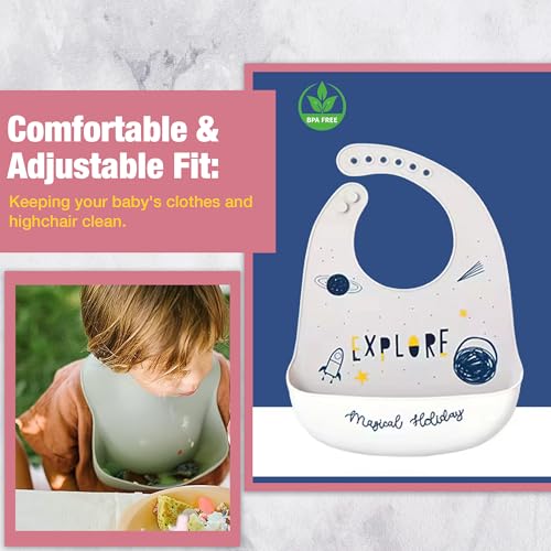 Image of SAFE-O-KID Premium Silicone Baby Bib - Lightweight, Foldable, Non-Toxic Bib with Spill-Proof, Adjustable, Soft, BPA Free Easy-to-Clean Feeding Bib for toddlers - Assorted