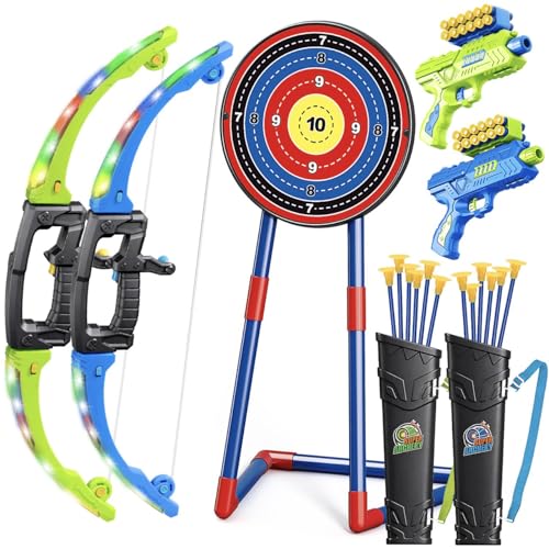 polokping 2 Pack Bow and Arrow Toy for 5 6 7 8 9 10+ Year Old Boys, Ideal Gift for Kids, Indoor Outdoor Shooting Game Toy for Ages 4-8 8-12, LED Light Up Archery Set with 12 Suction Cup Arrows