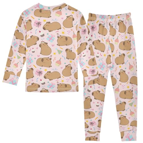 Cute Capybara Birthday Party Pink Cute Pajama Sets Long Sleeve Top and Pants, Snug Fit Sleepwear for Night Wears2