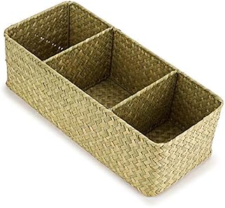 IGNPION 3-compartment Seagrass Storage Basket Woven Seagrass Desktop Basket Rectangular Organiser Box Shelves & Desks Decorative Basket for Sundries Stationery Toys Cosmetics, Natural Color