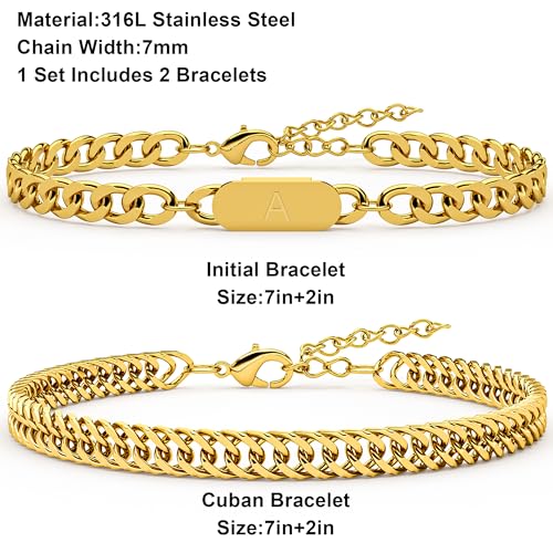 Pulsera cubana con letra inicial en acero inoxidable dorado set 2 piezas miniatura 3