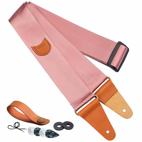 Correa de Guitarra, Correas de Guitarra de Cuero con Bolsillo para Púas para Bajo, Guitarra Eléctrica y Acústica, Vienen con Botón de Correa Gratis, 1 Par de Cierres de Correa y 4 Púas de Guitarra