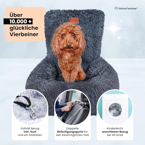 Wahre Tierliebe Hunde Autositz Fluffy inkl. Sicherheitsgurt - waschbarer Hundesitz Auto in schwarz/weiß für kleine, mittlere & große Hunde I Autositz Hund, Hundeautositz, Hund Auto, Hundebox