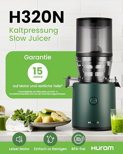 Foto von Hurom Slow Juicer | Entsafter Gemüse und Obst | H320N | Elektrische Kaltpresse | Ruhiger Motor | Leicht zu Reinigen mit Großem Behälter und Siebfilter 2L | 200 Watt | BPA Frei | Dunkelgrün