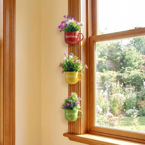 Image of Dekorly Wall Hanging Mug Planters with Artificial Flowers (20CM) - Decorative Hanging Cups, Colorful Floral Wall Decor for Living Room Bedroom Balcony Office Gift Set (3, Believe Inspire Achieve)
