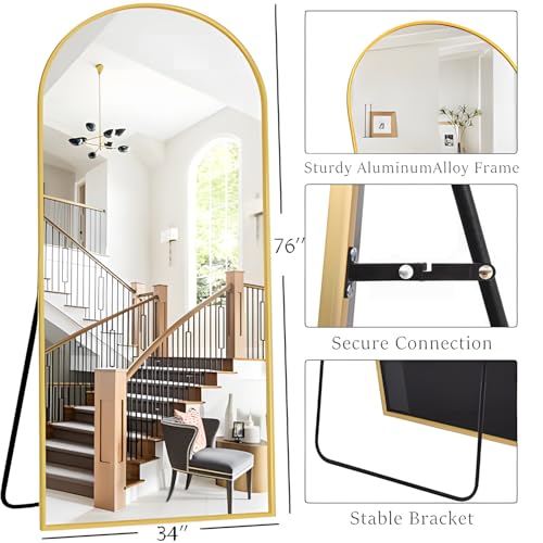 Image of OGCAU Arched Full Length Mirror 76 inchx34 inch Large Floor Full Body Mirror, Gold