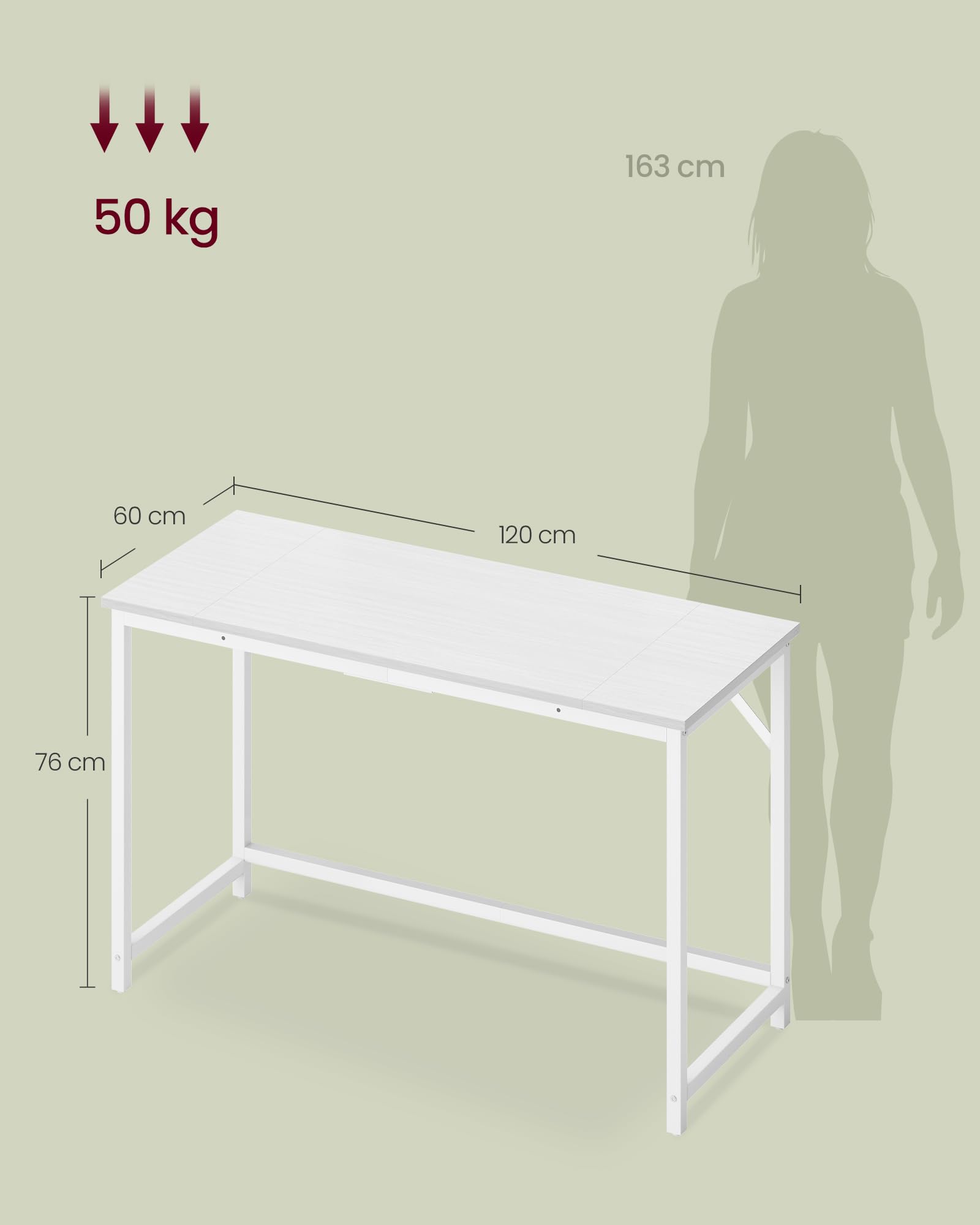 VASAGLE Biurko Komputerowe, Minimalistyczny Stół Biurowy ze Stalową Ramą, do Pracy, Nauki i Gier, 120 x 50 x 76 cm, Biały klon i matowa biel, Kolekcja BARNET LWD039W01