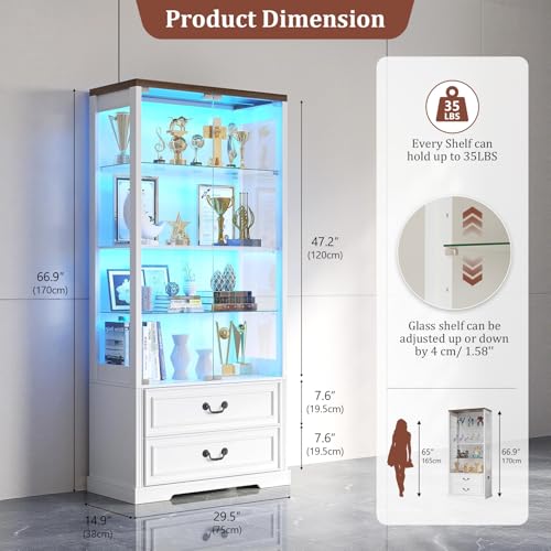 Image of TAGELIER 67 inch Tall Display Cabinet with Glass Doors and 2 Drawers, White