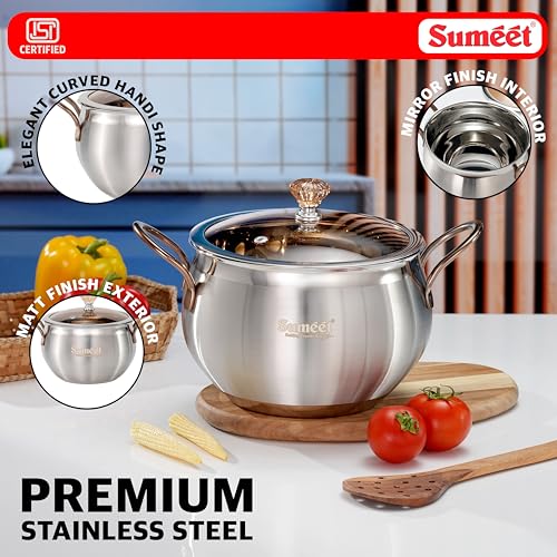 Image of Sumeet ISI Certified Stainless Steel Cook & Serve Biryani Pot /Handi /Sauce Pot with Glass Lid |Induction and Gas Compatible | Capacity - 3500ml -Dia - 19.5cm, Silver