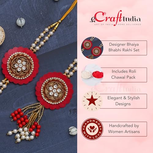 Image of eCraftIndia Pearls Designer Bhaiya Bhabhi Rakhi Set with Roli Chawal Pack | Rakhis for Brother Bhaiya Bhai
