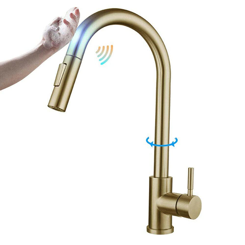 Zbbdfazd Gold Brushed High Tap Touch On Kitchen Faucet With Pull Out Sprayer Single Hole Tap