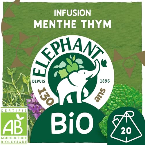 Elephant, Infusion Bio, Goût Menthe et Thym, Ingrédients d'Origine 100% Naturelle, Bien Etre et Relaxation, 20 Sachets Pyramid