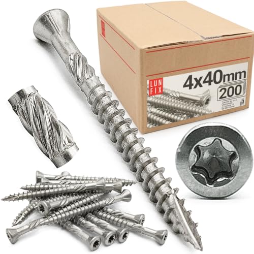 Vis terrasse inox 4x40mm tête fraisée Torx TX15, acier inoxydable C2 extérieur, filetage partiel durcies, construction terrasse bois extérieur, fixation planches, 200 pièces Lun Fix